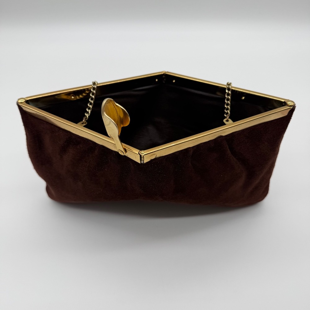 Vintage Harry Levine Handbag Suede & Chocolate Brown Suede Evening Clutch Gold - Picture 5 of 9